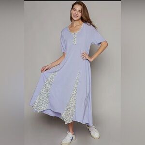 023 - POL Round Neck Short Sleeve Print Contrast Solid Dress